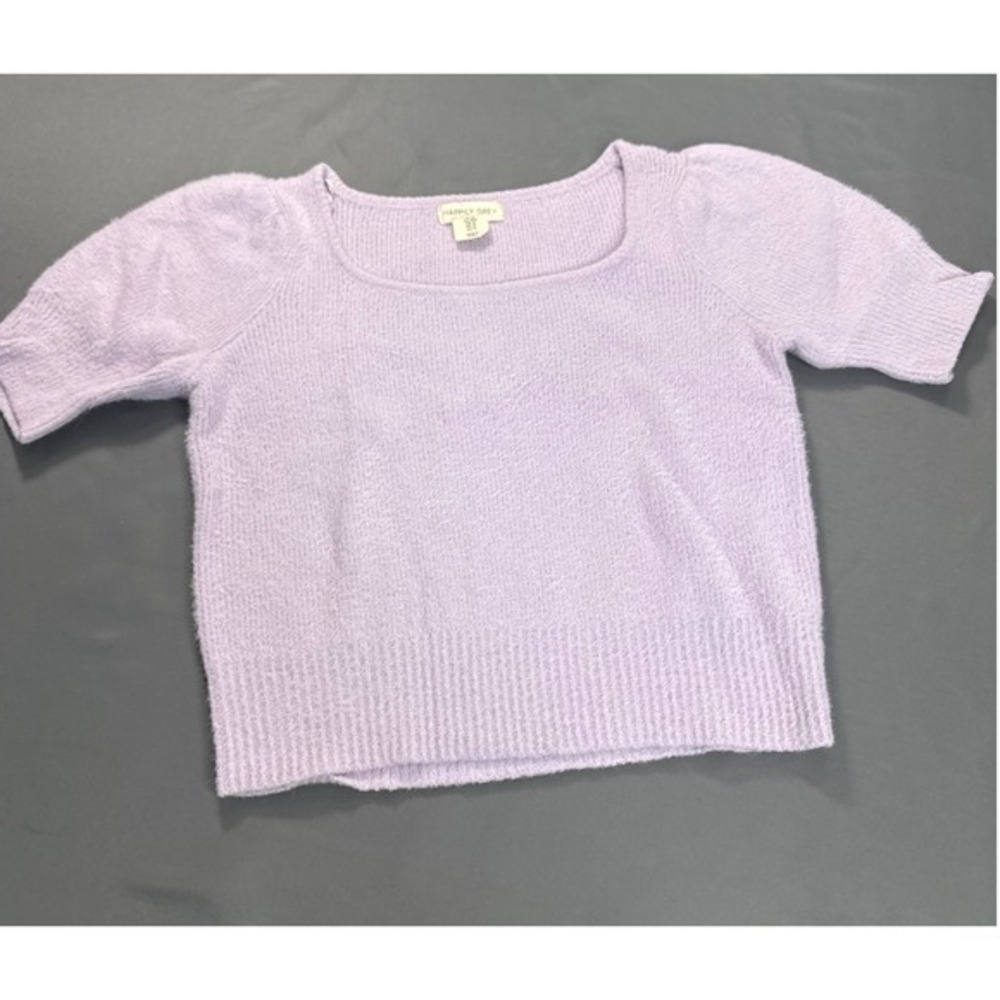 Happily Grey Lavender Purple Fuzzy Square Neck Short Sleeve Sweater Medium